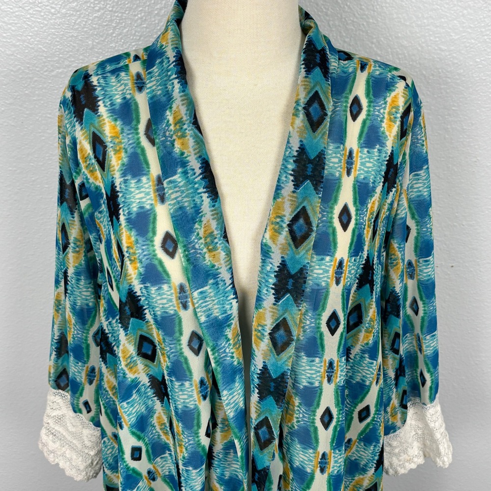 J Lee Blue Southwestern Aztec Print Kimono‎ Cardigan Lace Sleeve Boho XL - Picture 3 of 11